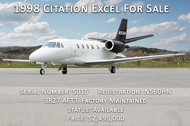 DuncanAviation's tweet image. 1998 #CITATIONEXCEL, S/N 5015, N560HN, $2,495,000 #bizav #aircraftforsale Click for more details bit.ly/2tjWfJw