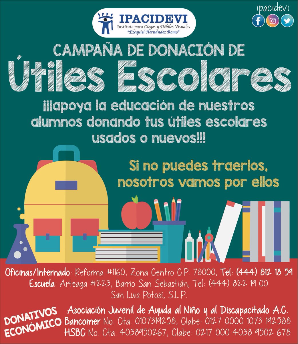 ipacidevi's tweet photo. ¡Apoya nuestra campaña de útiles escolares para nuestros alumnos! #IPACIDEVI #donacion #cicloescolar.  🍎📗📘✏️📓 https://t.co/U3z1hLw3DS