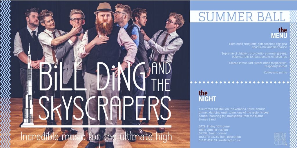 exetergcc's tweet photo. The fabulous @BDS_music are performing at our Summer Ball on Friday 30th June! Great menu, a BRILLIANT band! Book https://t.co/rUwozQPdsQ https://t.co/hJER4dJjQA