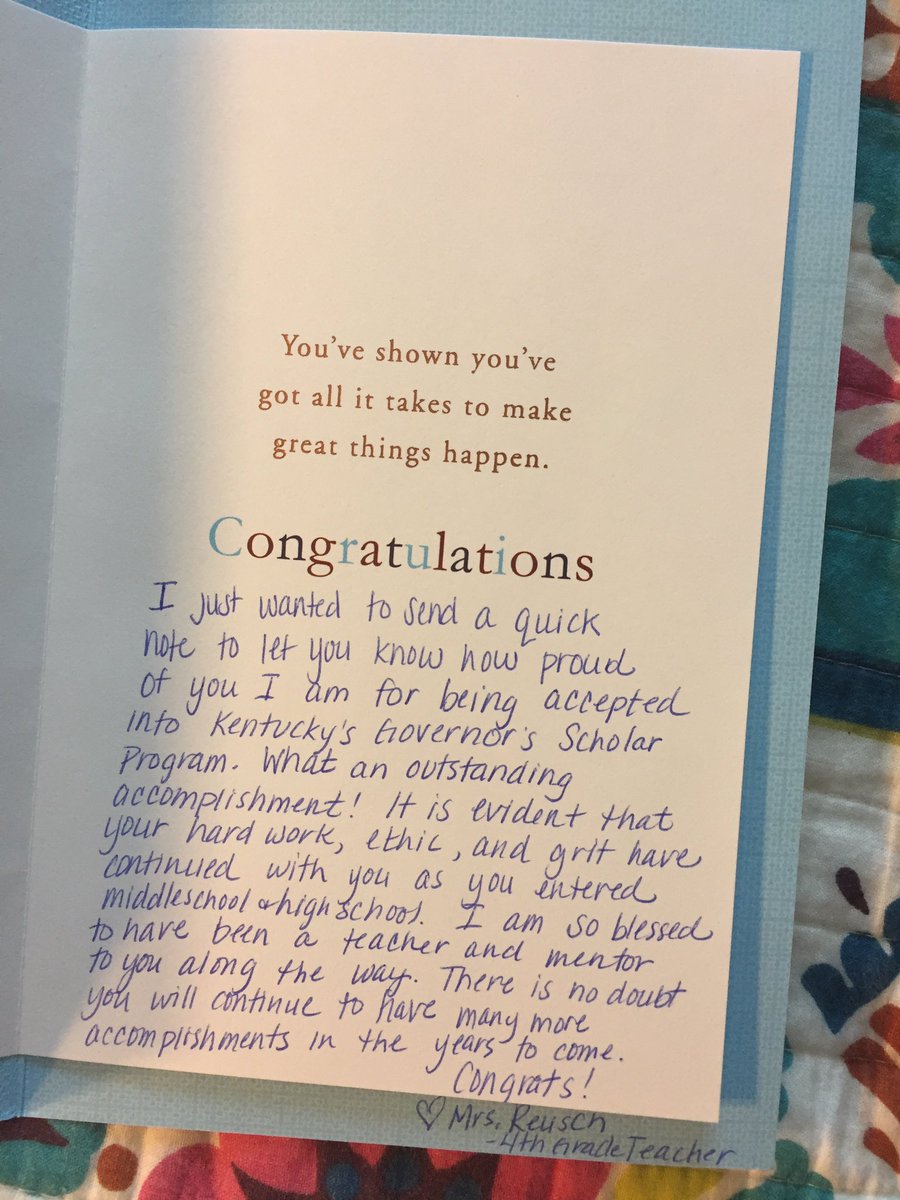 mbaumann18's tweet photo. My FOURTH GRADE teacher sent me a card congratulating me for getting into GSP. Teachers really are the future https://t.co/8r4zyZ1SrX