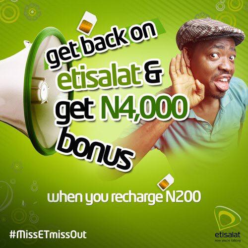 apapamall's tweet photo. If you have not used your @etisalat_9ja SIM in over 30 days. Insert  it back in your phone, recharge N200 Airtime &amp; get N4000 Bonus https://t.co/1thMfdzyR3