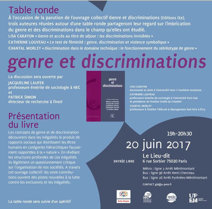 À l’occasion de la parution de l’ouvrage "Genre et discriminations" une table ronde est organisée mardi 20 juin progedo.fr/evenements/tab…