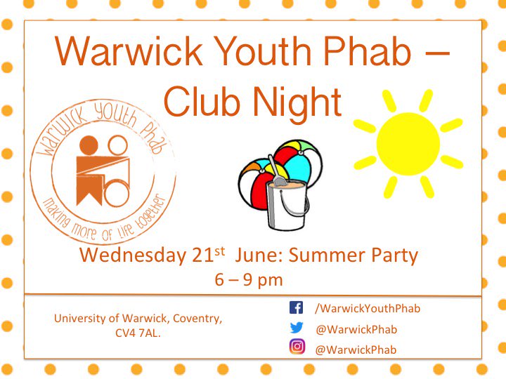 We can't wait for Wednesday's club night! We hope to see all of you at Warwick University for a Summer Party #warwickyouthphab #summerparty