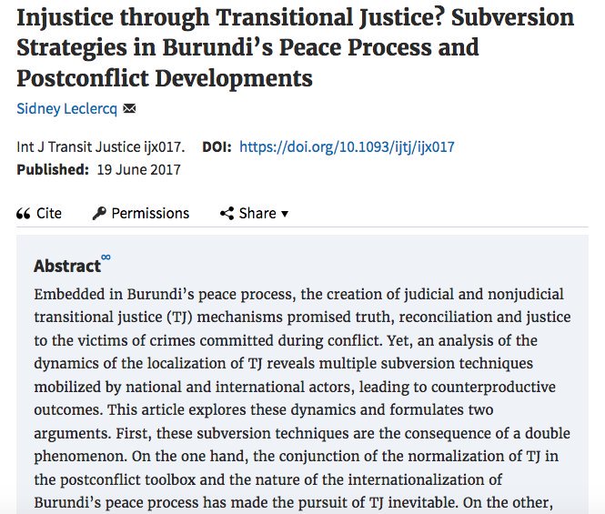 Gov4Dev_BE's tweet photo. @Gov4Dev_BE researcher @sidney_lq publishes in #IJTJ on #Transitionaljustice in #Burundi. Check it out! https://t.co/E6ROiwgEZS https://t.co/kF3fYZorbI