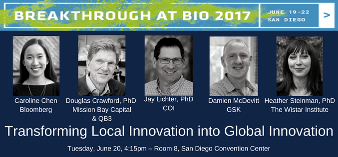 COIPharma's tweet photo. What does it mean to #golocal in #biotech? Find out w/ Jay Lichter @CarolineYLChen @QB3 @GSKUS @TheWistar #BIO2017 https://t.co/HkO5KhDXHD https://t.co/soUxfCul48