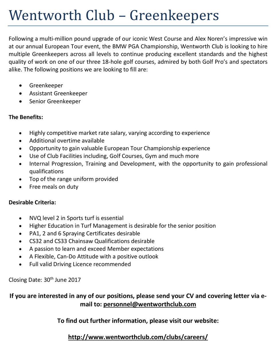 BCA (College) on Twitter "Greenkeeper vacancies with our friends at
