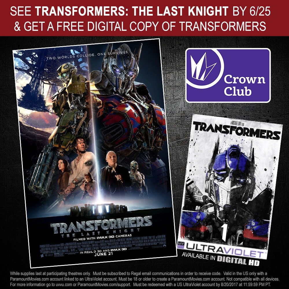 RegalMovies's tweet photo. Crown Club Members: See #TheLastKnight by 6/25 &amp; get a digital copy of @transformers, while supplies last: https://t.co/JKtSgpHcfl https://t.co/0WhrMaoZPf