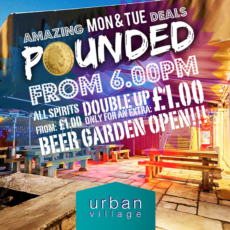 UrbanVillageBar's tweet photo. *GET POUNDED IN OUR BEER GARDEN TONIGHT*Call your friends &amp; enjoy the blissful heat while it lasts. #mondaymotivation #sellyoak #brm #pound https://t.co/THZAGL7DbT