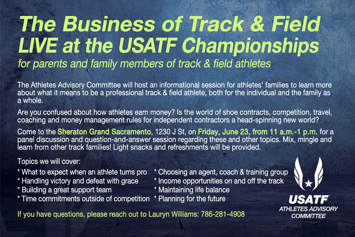 usatf_AAC's tweet photo. Athletes, please tell your families about our Business of Track &amp; Field panel on Friday at 11am in Sacramento! Hosted by @LaurynCwilliams https://t.co/qyOU3RyA4H