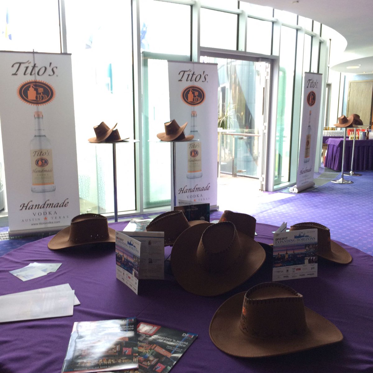 titosintl's tweet photo. Delicious Tito's cocktails and Texan stetsons ready and waiting at #DFNI Conference 2017 in Tallinn, #cocktails #vodka #dutyfree https://t.co/rXvmFyBMDO