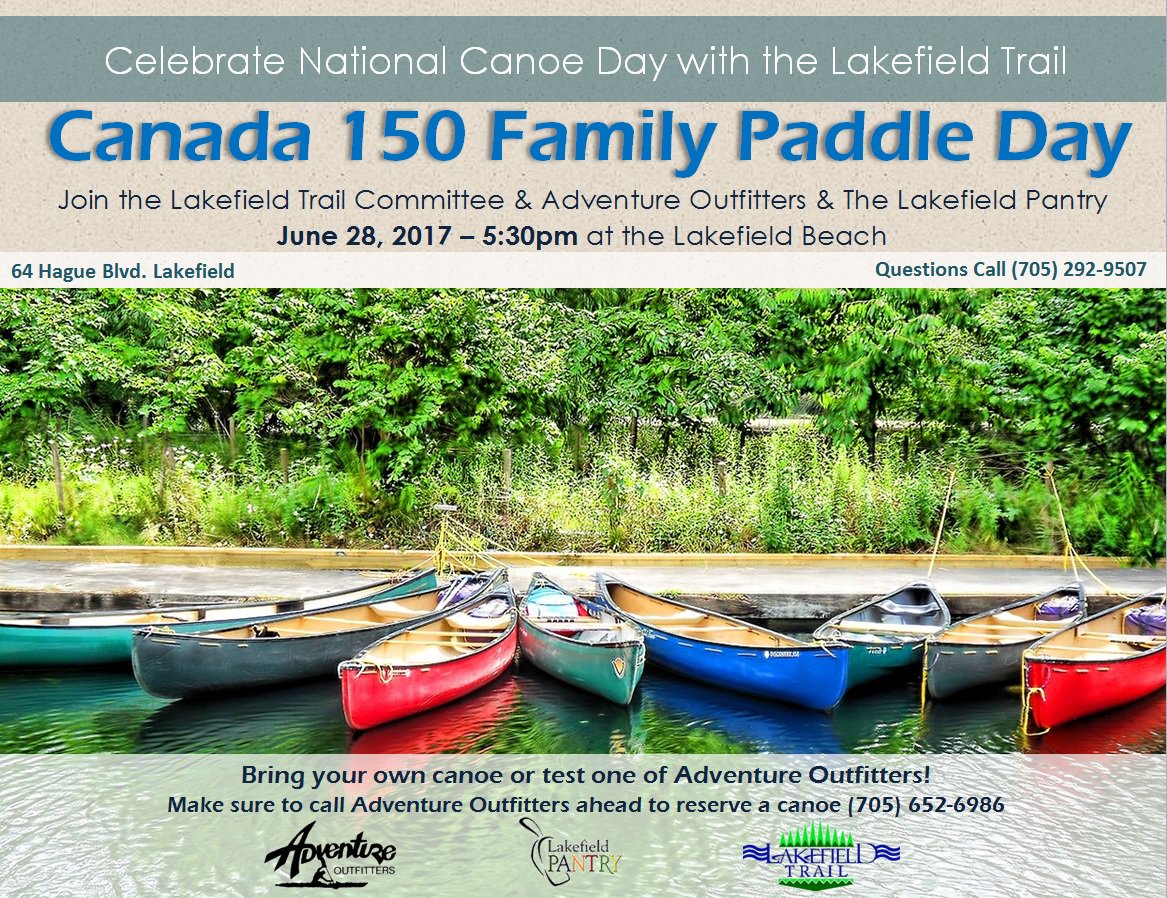 SelwynTownship's tweet photo. Don't miss #Canada150 Paddle Day, Weds. June 28 starting at 5:30pm @ Lakefield Beach. BYO canoe or call to reserve one from @AdventureOutfit https://t.co/x3Z0oUiP56