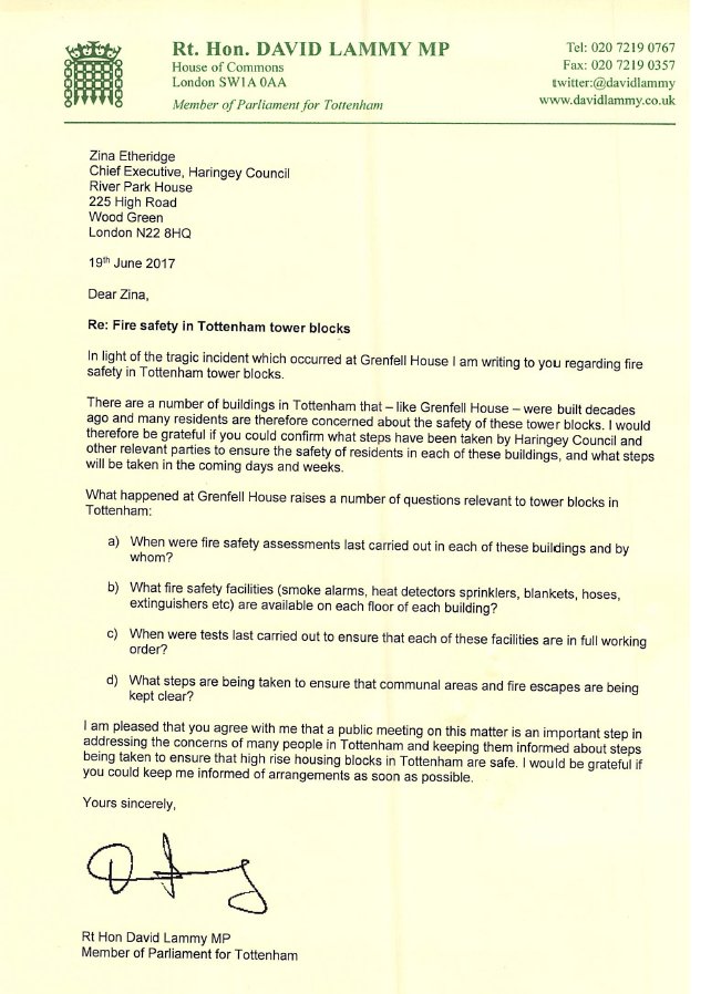 DavidLammy's tweet photo. I have written to @haringeycouncil chief executive today about fire safety in tower blocks and high rise buildings in Tottenham https://t.co/kJ2xCKSoiS