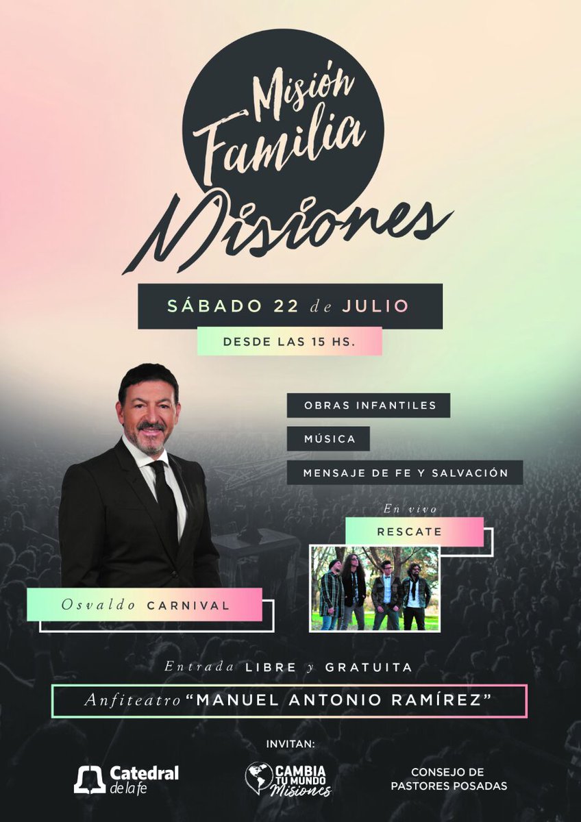 CatedraldelaFe_'s tweet photo. #MisiónFamilia Misiones! Como cierre de las actividades sociales de @CambiatuMundoAR viviremos una fiesta en el Anfiteatro Ramirez. https://t.co/A5mcUs5sm5