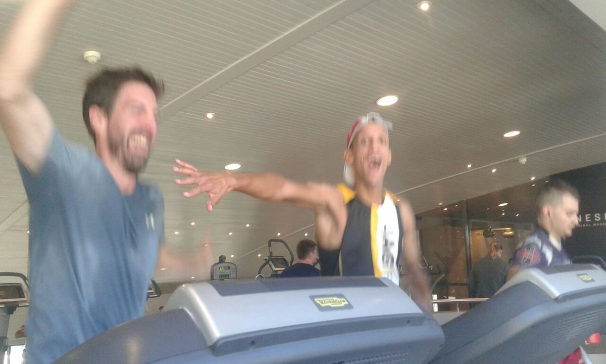 peterjohnmoses's tweet photo. When the Captain & I can't pose for pics because we having too much fun Lol! ππ π π #TreadmillWars #Youthday @JAGfoundation #Running4Change https://t.co/qus82VV6JA