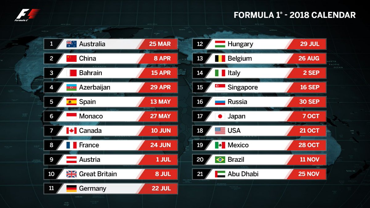 2018 #F1 CALENDAR  21 RACES  8 MONTHS  5 CONTINENTS 🌎 🌍 🌏  1 CHAMPIONSHIP https://t.co/TRkC2tO0o6