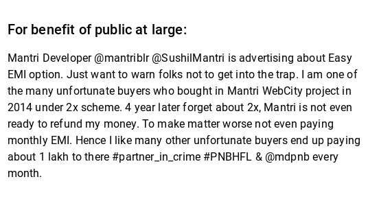 BoleToKhalsa's tweet photo. For benefit of public at large:Mantri Developer @mantriblr @SushilMantri is advertising about Easy EMI option... https://t.co/GpcR42E80O