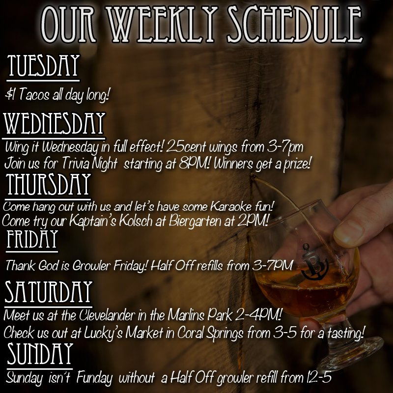 BiscayneBayBrew's tweet photo. Hello everyone! Here are our weekly events!! Hope you're having a dry & hoppy Monday! Cheers! #bbbc #hoppymonday #craftbeermiami https://t.co/O5OeGarHaL