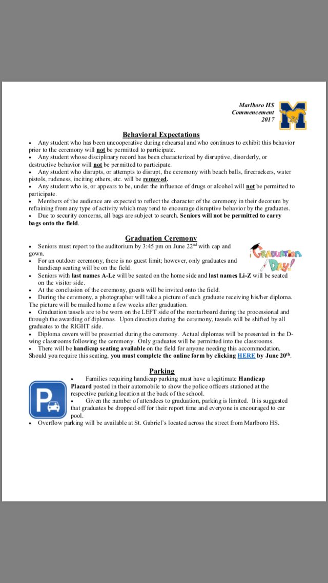 Class of 2017, here is information regarding Graduation! We look forward to celebrating this special occasion with you! 💙💛🐎🎓<a href="/MarlboroHSinNJ/">Marlboro HS Mustangs</a>