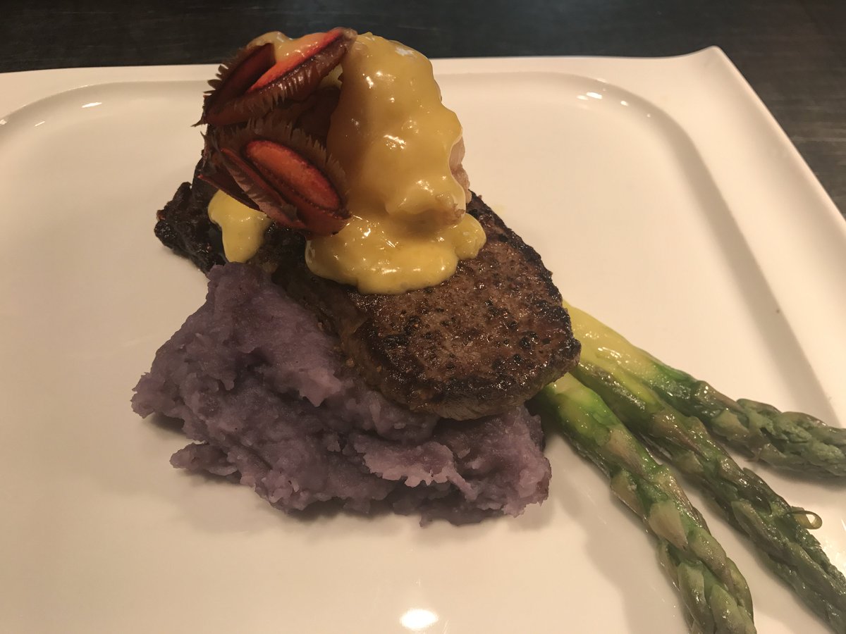 ArtisansHOU's tweet photo. NY Strip, Lobster Tail, Lobster Hollandaise, Duck Confit Purple Potatoes, Asparagus. Just 1 dish on Artisans new menu! More pictures to come https://t.co/mpvRa8adLR