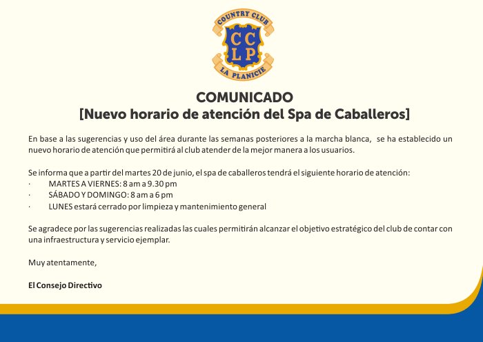 CCLP1962's tweet photo. Comunicado #CCLP | Nuevo horario de atención del Spa de Caballeros https://t.co/EN2pF11r0x
