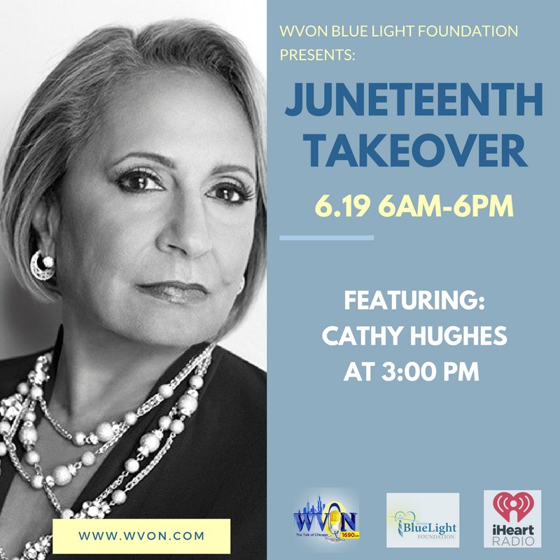 WVON1690's tweet photo. | Cathy Hughes joined Attorney @ernestfenton for the #Juneteenth Takeover presented by @wvonbluelight! #WVON1690 #TalkofChi https://t.co/b3YxatO7Ma