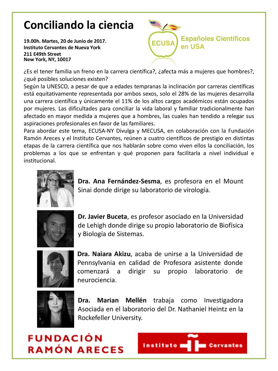 comunidadECUSA's tweet photo. Acércate mañana a las 7pm al @InstCervantes a conocer como 4 científicos compaginan vida laboral y personal #ECUSA-NY #ConciliandolaCiencia https://t.co/RLWIl7NFzl