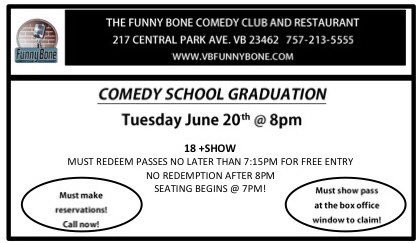 Funny Bone Comedy School (@fbcomedyschool) on Twitter photo This Tuesday 6/20 come see our newest students perform n their very own Grad Show <a href="/FunnyBoneVB/">Virginia Beach Funny Bone Comedy Club</a>! Call to make reservations 4 FREE ADMISSION! This Tuesday 6/20 come see our newest students perform n their very own Grad Show <a href="/FunnyBoneVB/">Virginia Beach Funny Bone Comedy Club</a>! Call to make reservations 4 FREE ADMISSION!