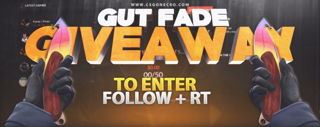 CSGOnecro's tweet photo. We just hit 80K Twitter Followers, time for a Giveaway!
Want this Gut Knife Fade?

To enter;
- Follow @csgonecro
- Retweet

Ends in 48 Hours https://t.co/RSuuR4ZQvb