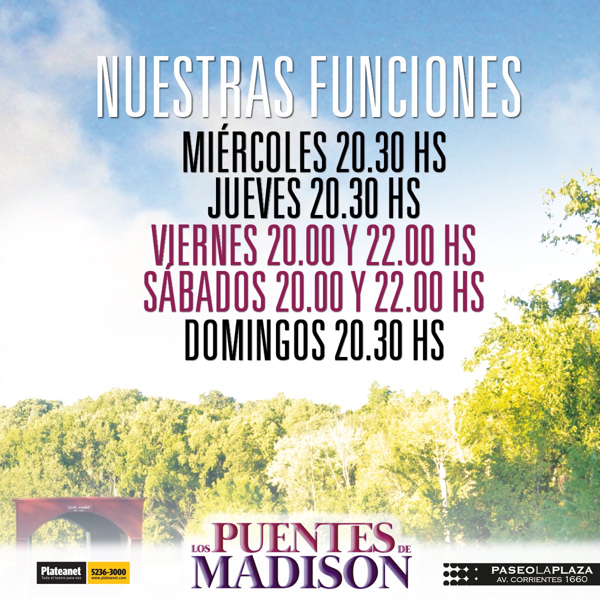 Buen inicio de semana! Apurate a conseguir tus entradas para disfrutar de #LosPuentesdeMadison 🌳💌
🎟➡️ bit.ly/Puentes17