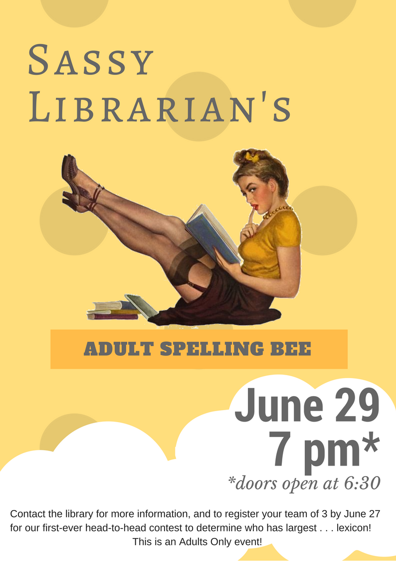 What's up at the library, you ask? ADULT SPELLING BEE, is what! Register your team today! tinyurl.com/y9pfg3rx BEE there or BEE square!