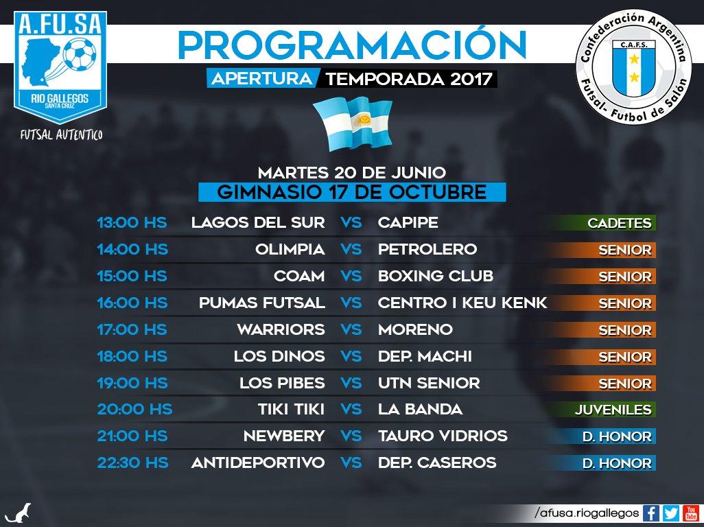 AfusaRG's tweet photo. Programación para mañana Martes 20 de Junio, en el Gimnasio 17 de Octubre. https://t.co/G2X9VJu3q1