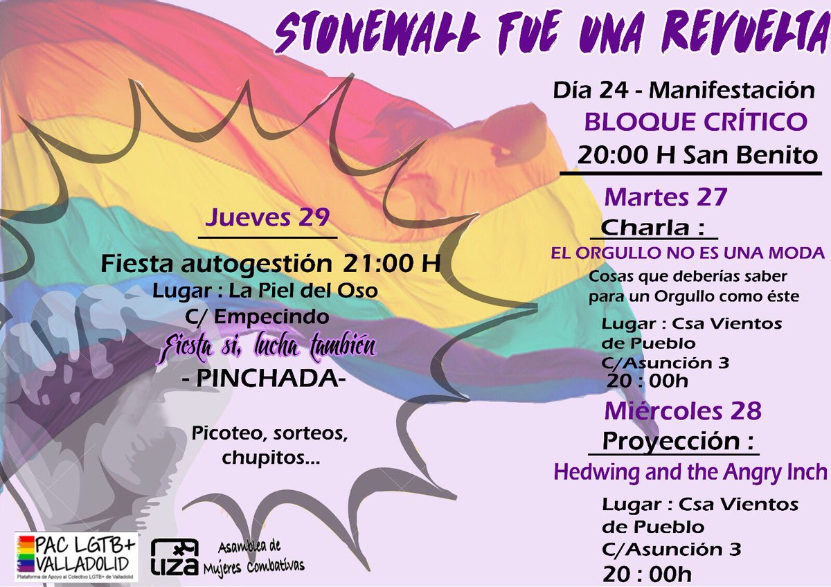 paclgtbplusva's tweet photo. ¡Y aquí está! 
-Sábado 24: Bloque Crítico. Manifestación.
-Martes 27: Charla✨Debate
-Miércoles 28: Proyección
-Jueves 29: Fiesta autogestión https://t.co/iQhenAd0z3