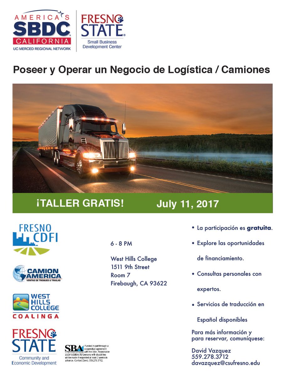 Thinking of owning your own trucking business? This informational workshop is for you! To RSVP Call David @ 559-278-3712