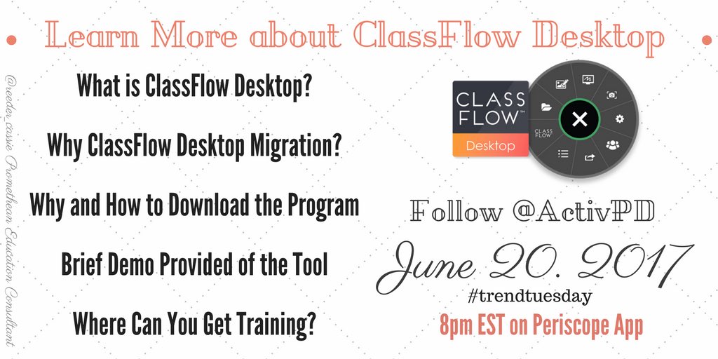 cassiereederedu's tweet photo. Follow @ActivPD for #trendtuesday June 20 @8pm EST for #classflowdesktop! @Promethean @ClassFlow #classflowlove watch + Learn about CFD! https://t.co/Kt9xzxWd0z