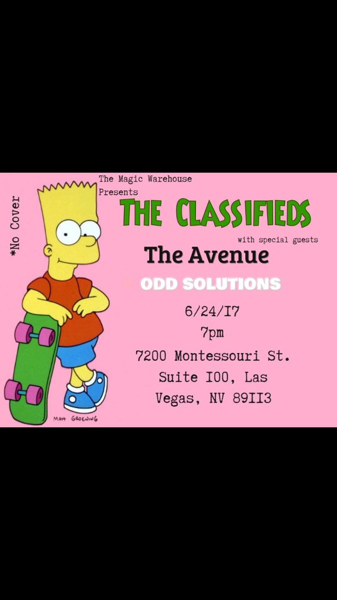 OddSolutionsLV's tweet photo. Come on out this Saturday and enjoy some live tunes! with @ClassifiedsBand and @TheAvenueLV 🤘 https://t.co/TgfGPU8CAG
