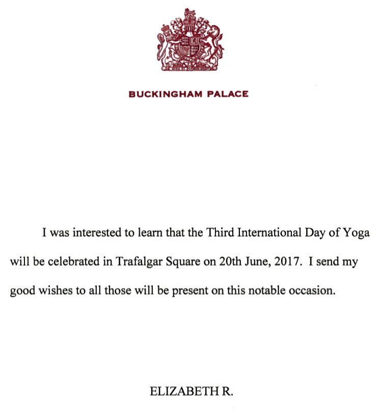 HCI_London's tweet photo. HM The Queen Elizabeth II sends her good wishes for #IDY2017 celebrations at #TrafalgarSquare today, June 20
@RoyalFamily #YogaDay #IndiaUK https://t.co/a7mxpDDIfr