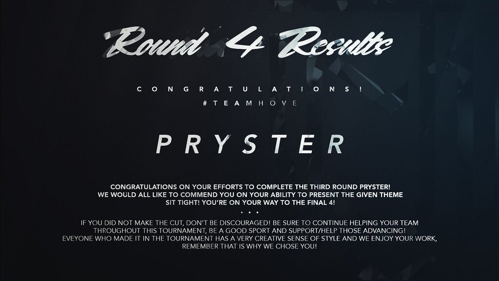 Congrats @Pryster_!
The theme wasn't carried out the way we expected through either entry, but you did the best with it. Good job! #TeamHove
