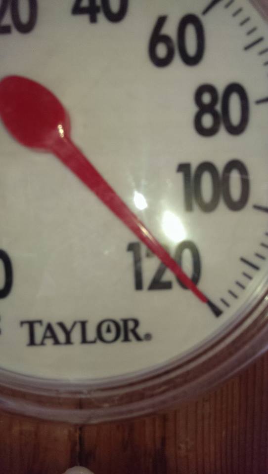 Fae_Thee's tweet photo. Time to get a new thermometer, this one has run out of degrees. Phoenix area, Arizona  #heatwave https://t.co/IsOqejemPN
