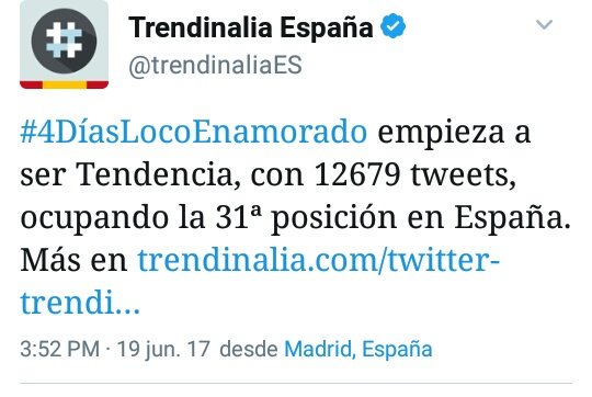 Trendings_AM's tweet photo. [RT] Hoy el ht #4DiasLocoEnamorado fue TT en España, Argentina y México💪👏. https://t.co/Q1g46fnFfK