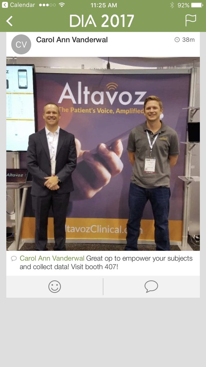 AltavozInc's tweet photo. Great first day at #DIA2017.  Stop by booth 407 to see the future of patient data collection. https://t.co/d7EAeyPbup