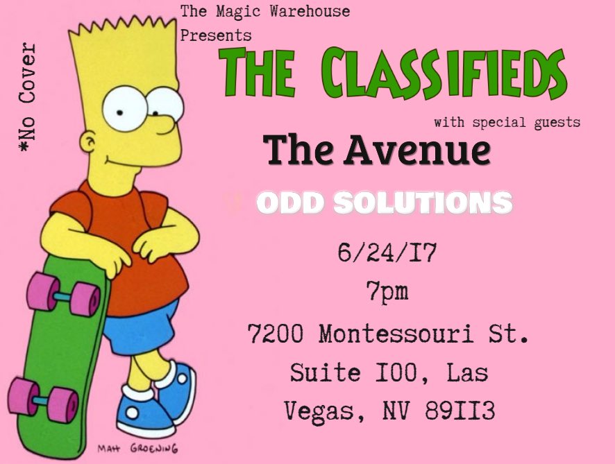 ClassifiedsBand's tweet photo. We are back in action this Saturday with a free show at the Magic Warehouse with @TheAvenueLV and @OddSolutionsLV will we see you there? https://t.co/O1pwNFuD1x