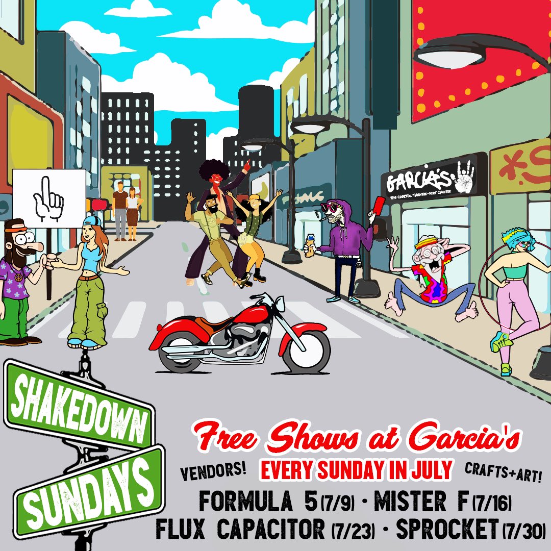 FREE Shakedown Sundays in July garci.as/pp
🚌 <a href="/Formula5Music/">Formula 5</a> 7/9
🚀 <a href="/MisterFmusic/">Mister F</a> 7/16
🌀 <a href="/FluxCapacitor88/">Flux Capacitor</a> 7/23
🎶 <a href="/SprocketNYC/">Sprocket Band</a> 7/30