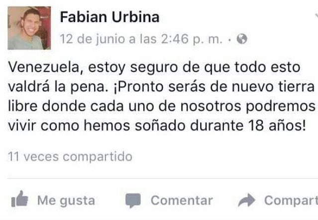 DiTizioDaniel's tweet photo. Fabián tan solo tenía 17 años. Quería una #Venezuela distinta. Hoy #19J un tiro le apago la vida. https://t.co/kOQlyx6lOP