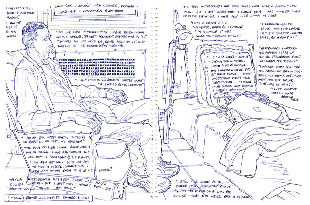newsillustrator's tweet image. Drawing stories of homeless veterans. @urbansketchers @SaHreports @editorreportage @DeptVetAffairs @veteransunited @VeteransENG_CA