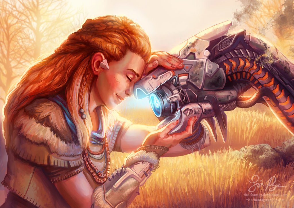 DeviantArt's tweet photo. "Horizon Zero Dawn: Well Done Little One" offers a beautifully emotional scene in soft warm color. https://t.co/J1JR7zTa3s https://t.co/5DeUdd0mgU