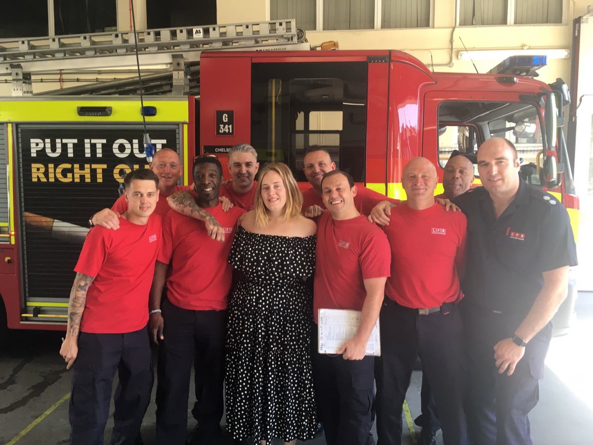 LondonFire's tweet photo. Adele enjoyed a cup of tea with Chelsea firefighters yesterday and thanked them for their work. We are so humbled by everyone's support https://t.co/R1Ny4pGq9i