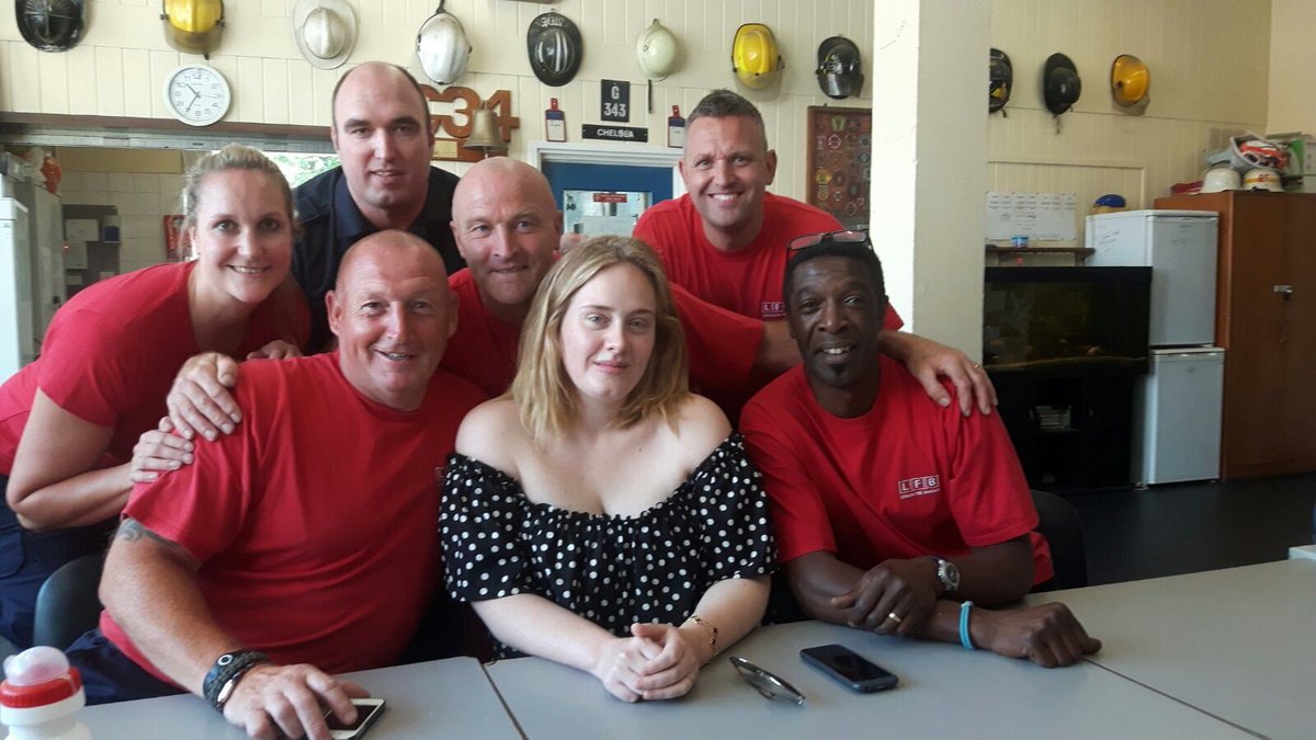 LondonFire's tweet photo. Adele enjoyed a cup of tea with Chelsea firefighters yesterday and thanked them for their work. We are so humbled by everyone's support https://t.co/R1Ny4pGq9i