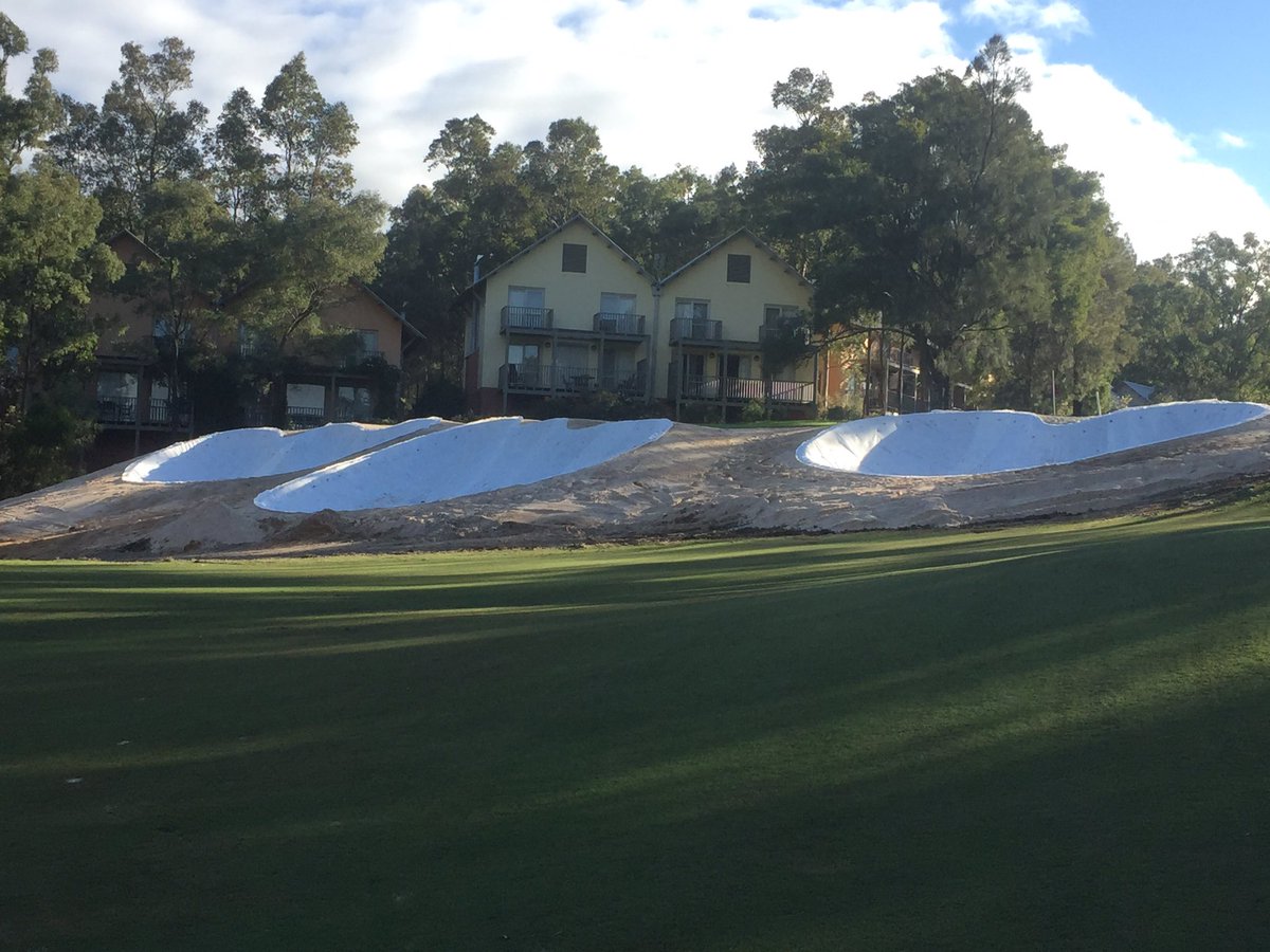 cypresssuper's tweet photo. The suns out, time for turf on 16 green, 15 &amp; 14 greenside bunkers ready for sand &amp; turf @Golf_by_Design_ @FlemmingGolf https://t.co/eg0HLyOUjQ