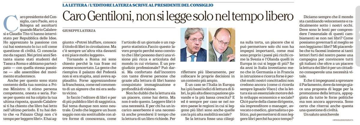 AdrianaFalsone's tweet photo. Caro @PaoloGentiloni leggere non è solo un piacere ma una necessità. Grandioso @giuslat @editorilaterza #RepIdee17 #libri #letture https://t.co/kBrdrqbehc