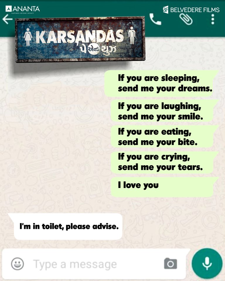 KarsandasPayUse's tweet image. The #Whatsapp Love Story!
#KarsandasPayAndUse #NowInCinemas #Gujarat #Mumbai #KPNU #GujaratiFilm #ChhelloDivas #LoveStory #AnantaProduction